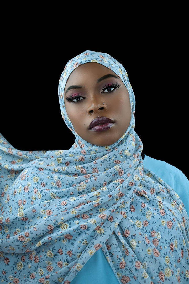 YASMIN FLORAL CHIFFON HIJAB - CAROLINA BLUE