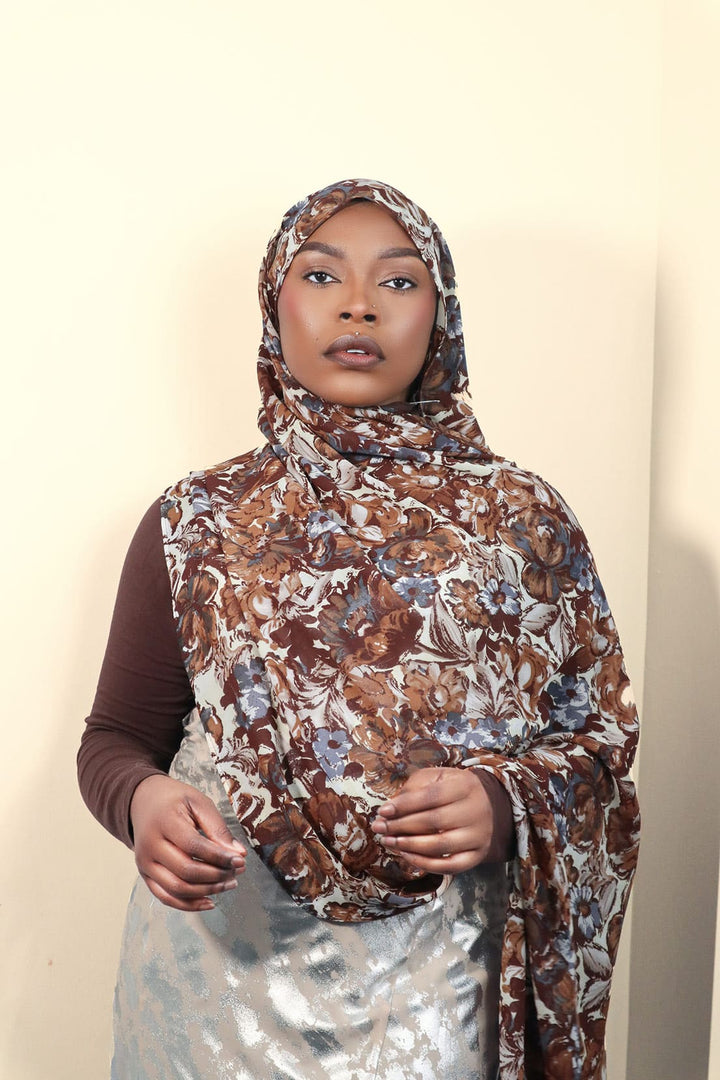 YASMIN FLORAL CHIFFON HIJAB - DARK COCO